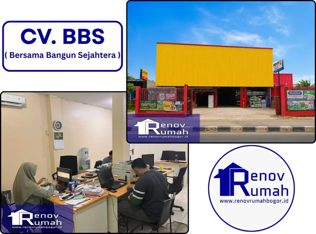 Collage showing CV. BBS branding with a yellow warehouse exterior, office workers at desks, and Renov Rumah logos.