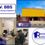 Collage showing CV. BBS branding with a yellow warehouse exterior, office workers at desks, and Renov Rumah logos.