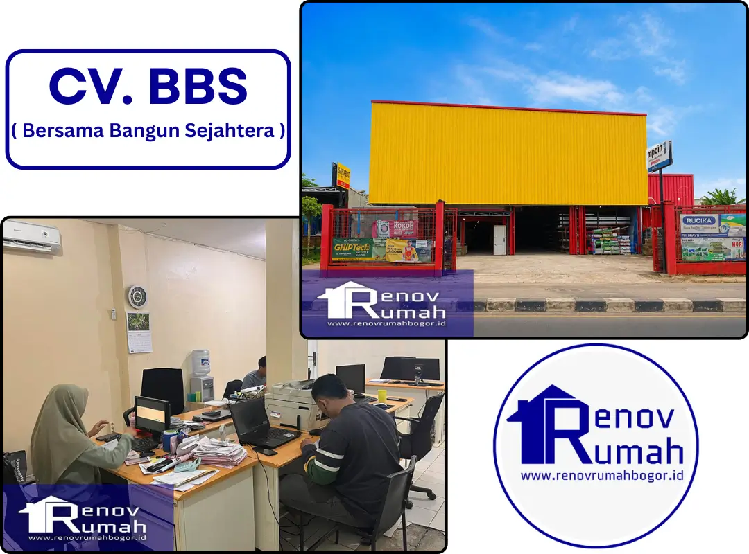 Collage showing CV. BBS branding with a yellow warehouse exterior, office workers at desks, and Renov Rumah logos.