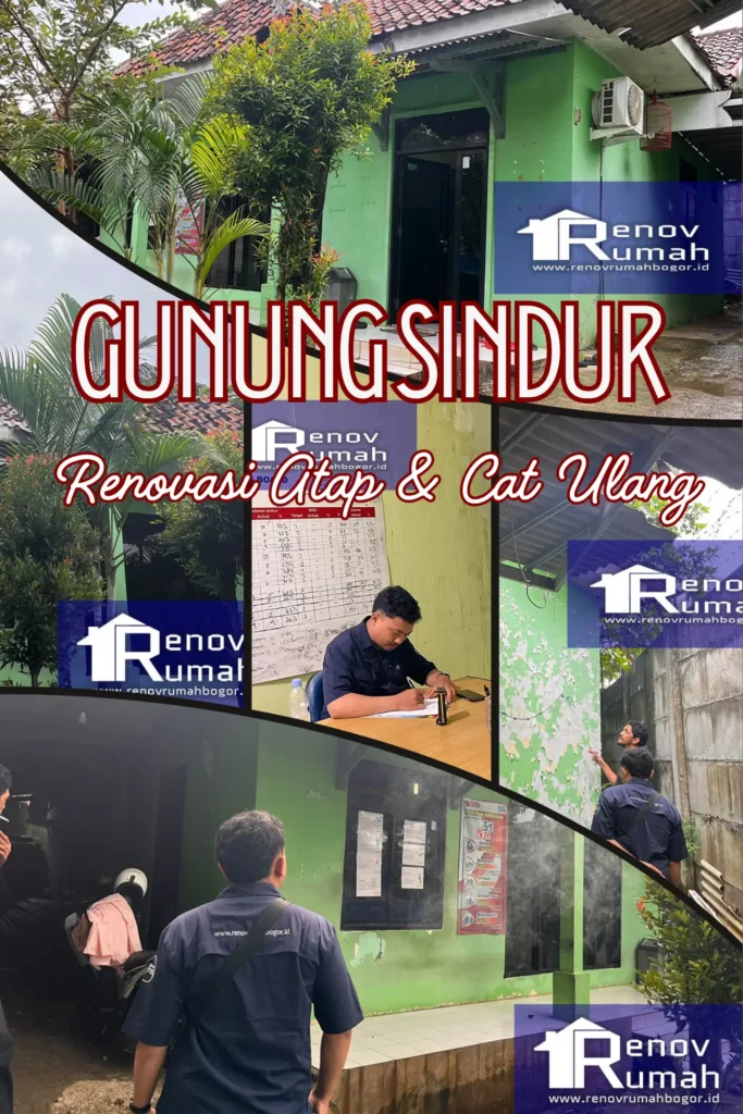 Video thumbnail showing a green house with workers, multiple 'Renov Rumah' logos, and bold red text 'GUNUNG SINDUR' with a script subtitle about renovation and repainting.