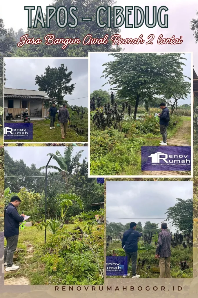 Collage of an outdoor renovation site: men inspecting a garden near a house with trees and plants, plus Renov Rumah Bogor branding.