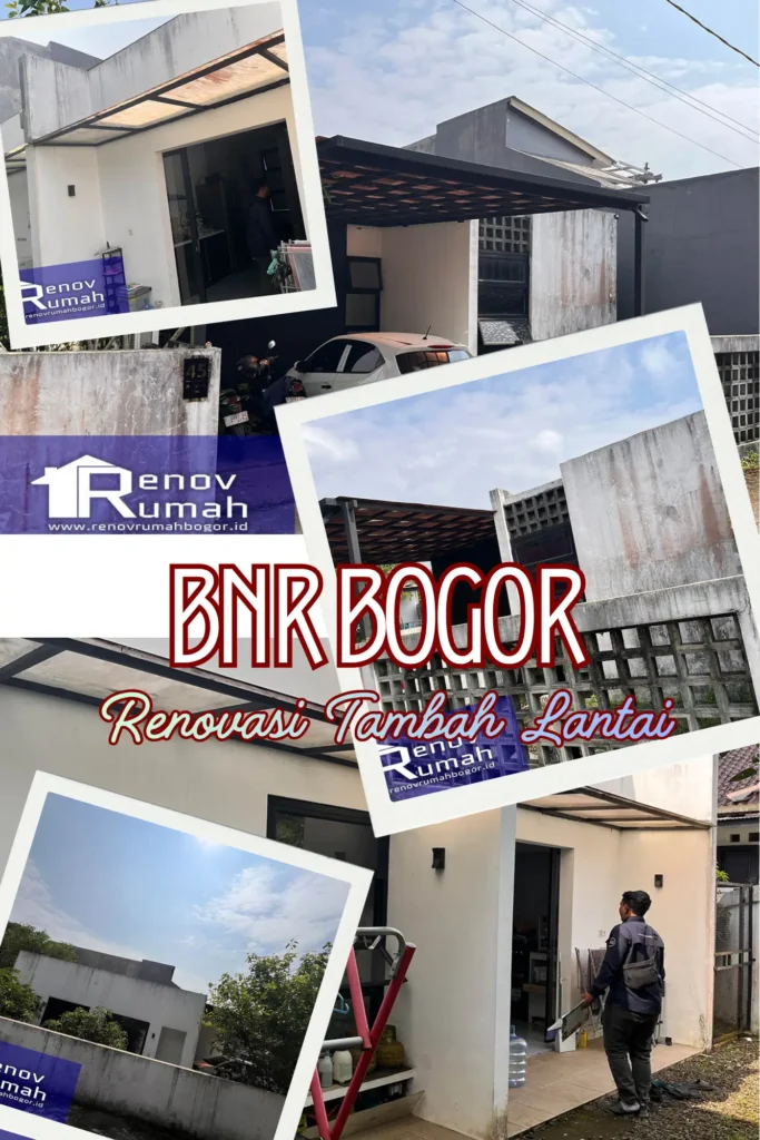 Collage of a modern house under renovation with brand logos and 'Renov Rumah Bogor' text shown.